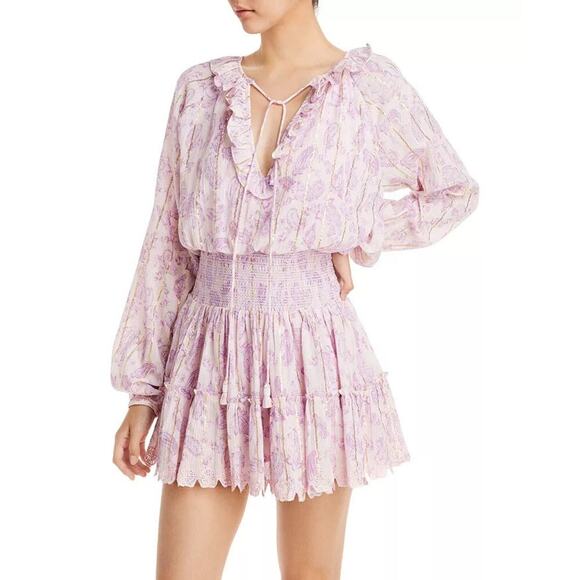 Hemant and Nandita Sahar Women's Pink V-Neck Tiered Eyelet Mini Dress Size Small - Picture 1 of 13